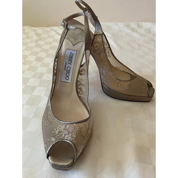JIMMY CHOO London Gold Metallic Leather Platform Sandals Heel 4,5 in. Italy 37 - Picture 1 of 10